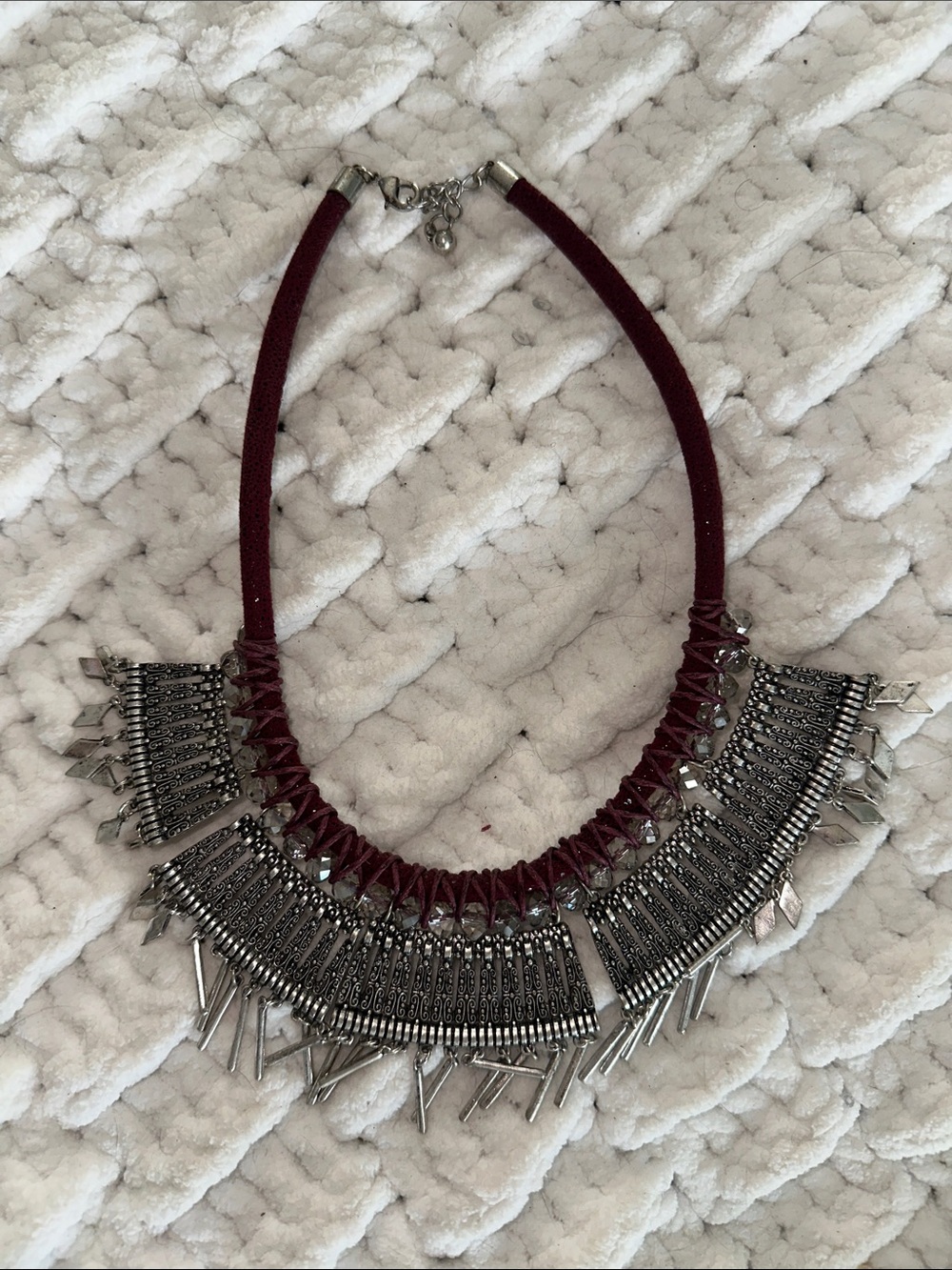 Boho Chic Burgundy Statement Necklace with Silver Accents